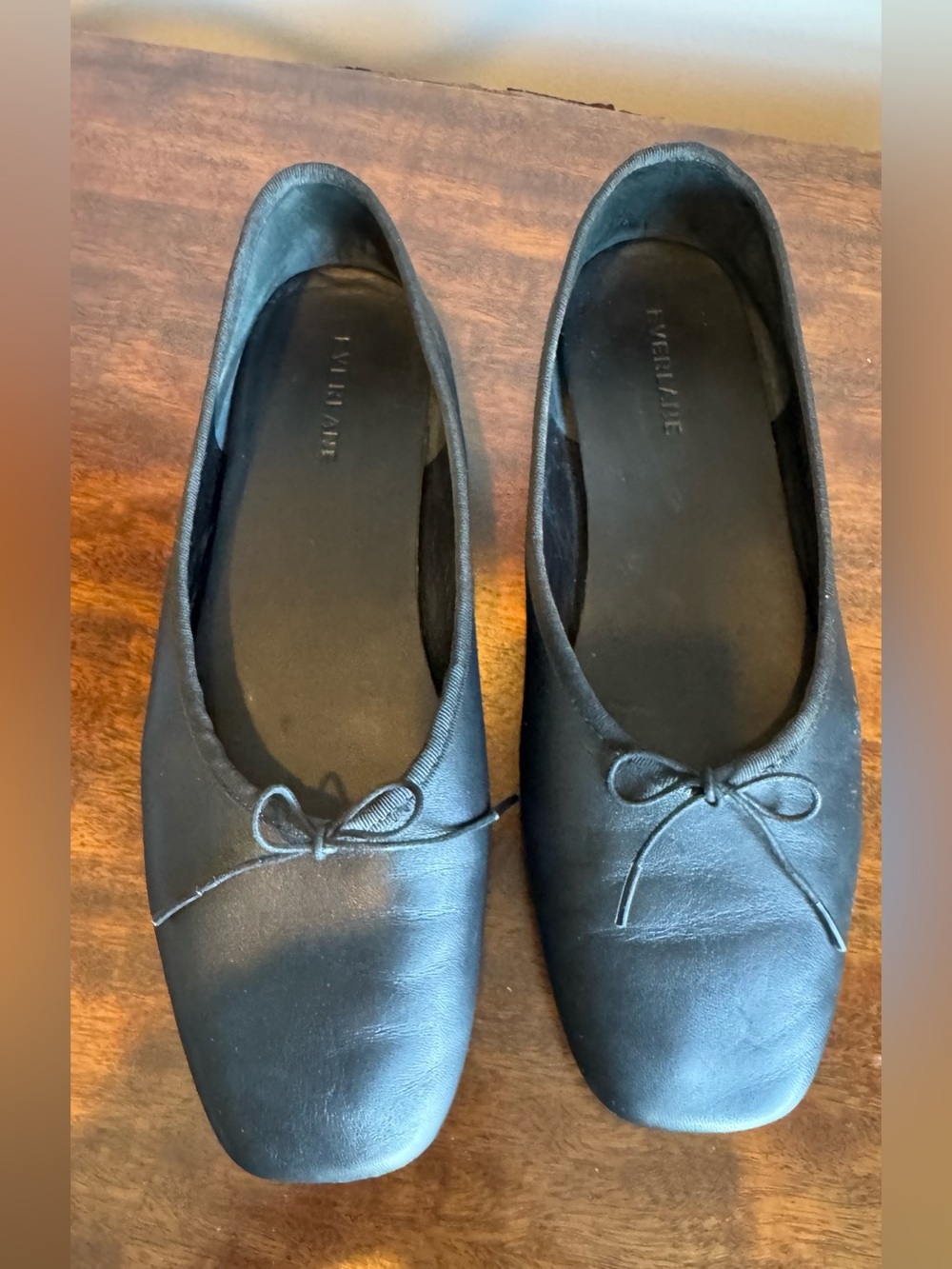 Everlane Black Leather Ballet Flats with Square Toe and Bow Size 9 - Picture 3 of 8